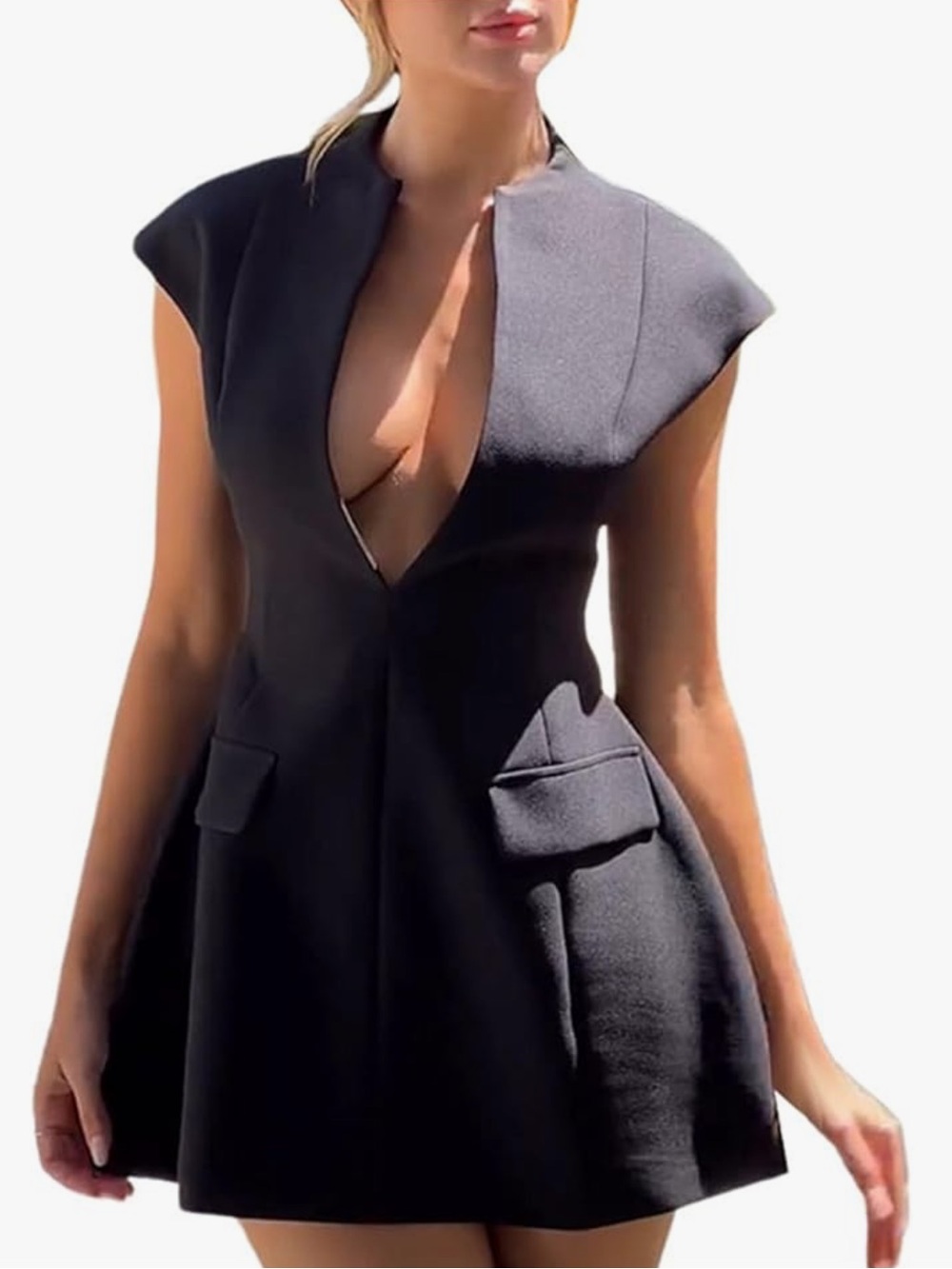 Black Structured V-Neck Mini Dress - Women